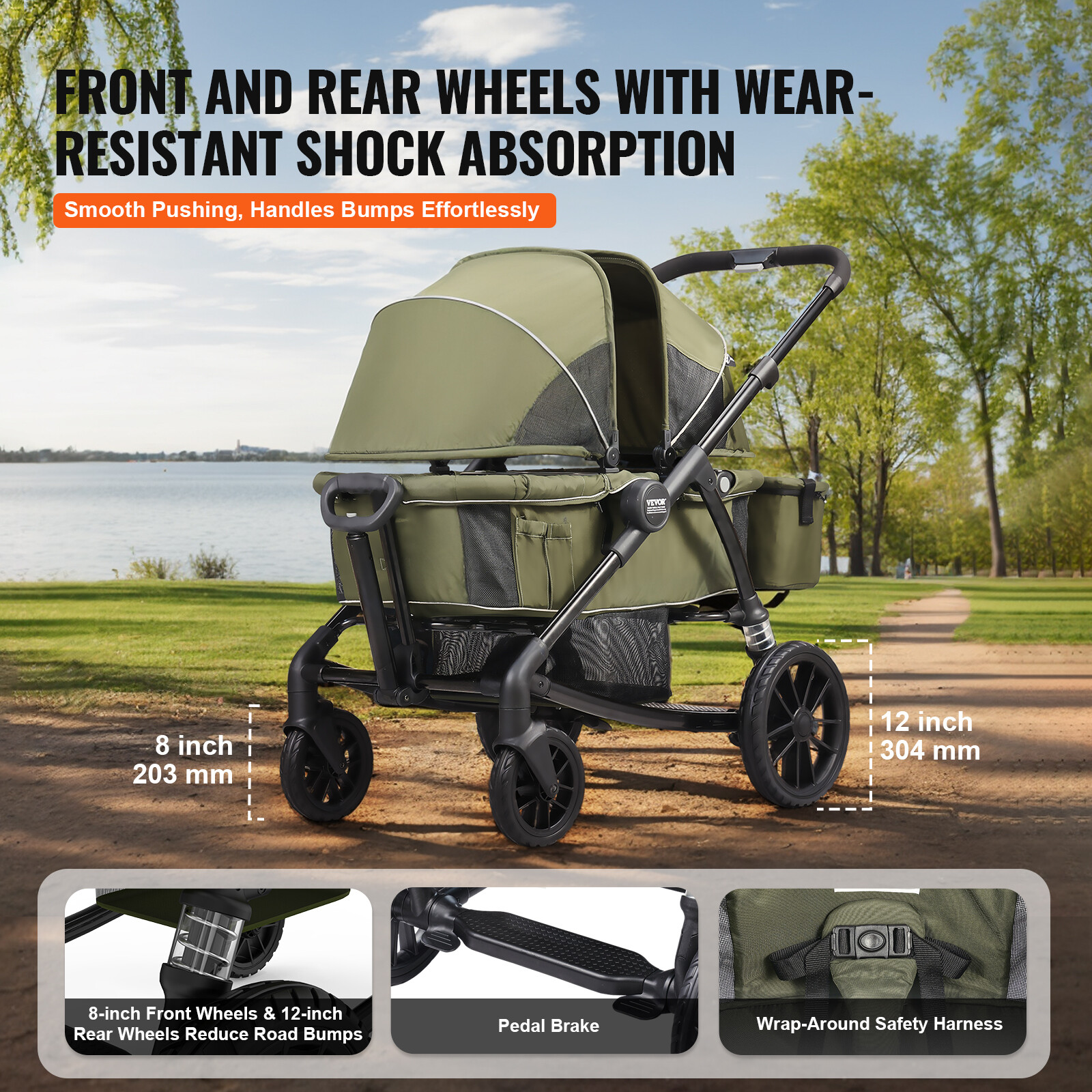 VEVOR All-Terrain Stroller Wagon 2 Seats Collapsible w/ Canopy Dark Olive Green
