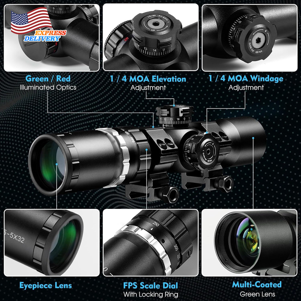 Crossbow Scope 5X32 Locking Ring 250-450 FPS Speed Adjustment Speedlock Scope US