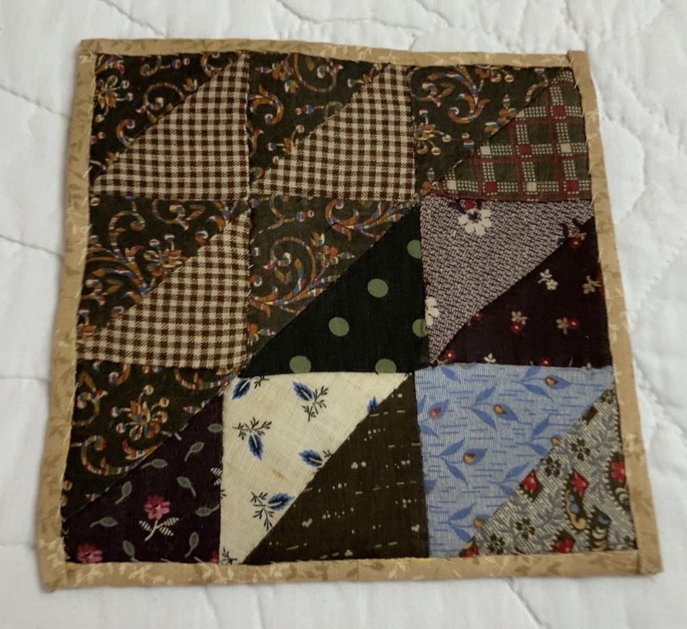 Antique Patchwork Quilt Table Topper, Nine Patch, Triangle, Early Calicos, Brown