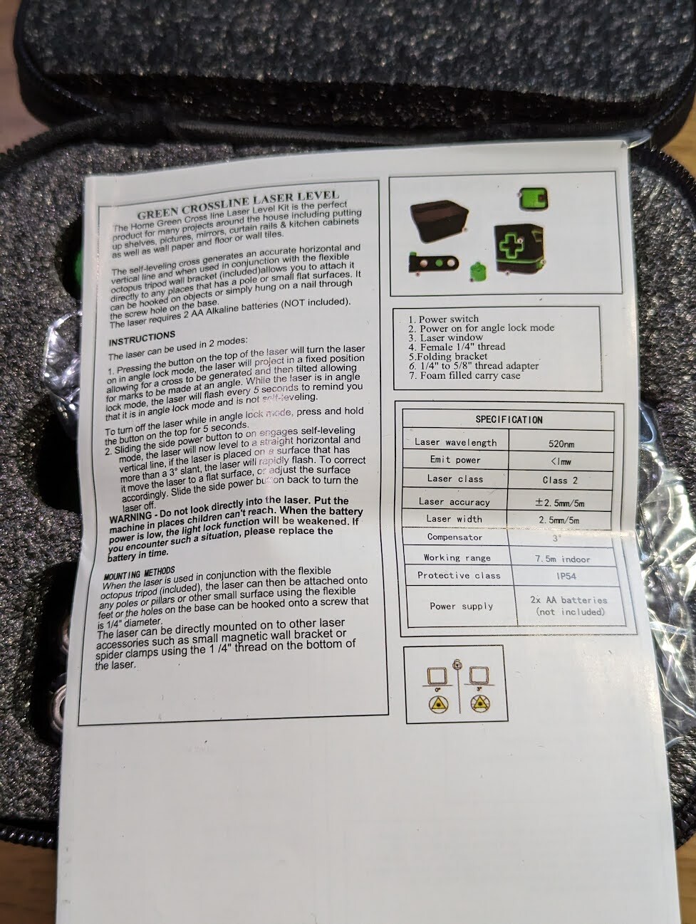 2 Line Laser Level 360° Rotary Cross Line Self Leveling Tool W/Bracket Batteries