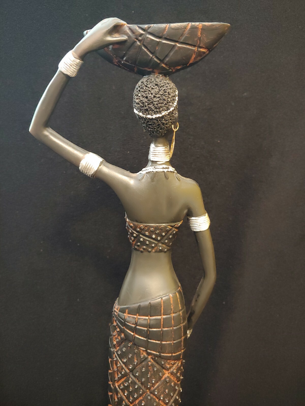 Tall African Tribal Woman Figurine Large Resin Statue Carrying Bowl 24"
