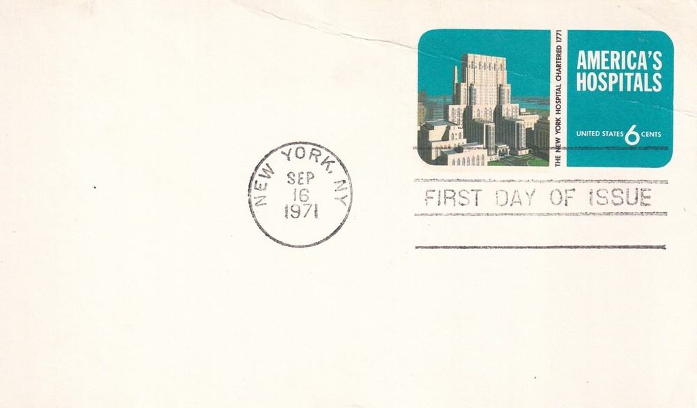 STAMP US SCOTT UX60 "America's Hospitals" 6 CENT 1971 POSTCARD FDC - C