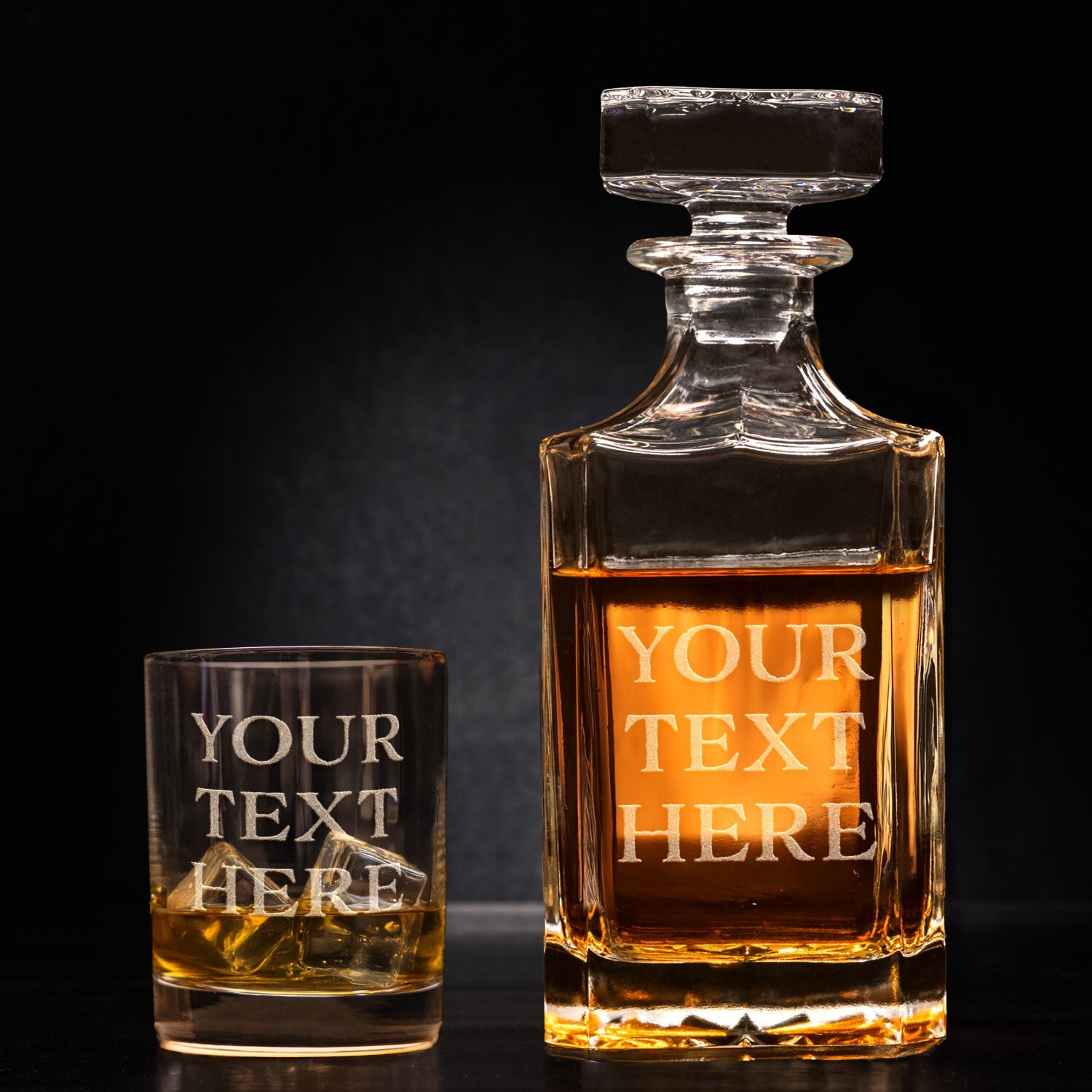 Custom Text Whiskey Decanter & Drinking Glasses Set - Engraved Whisky Glassware
