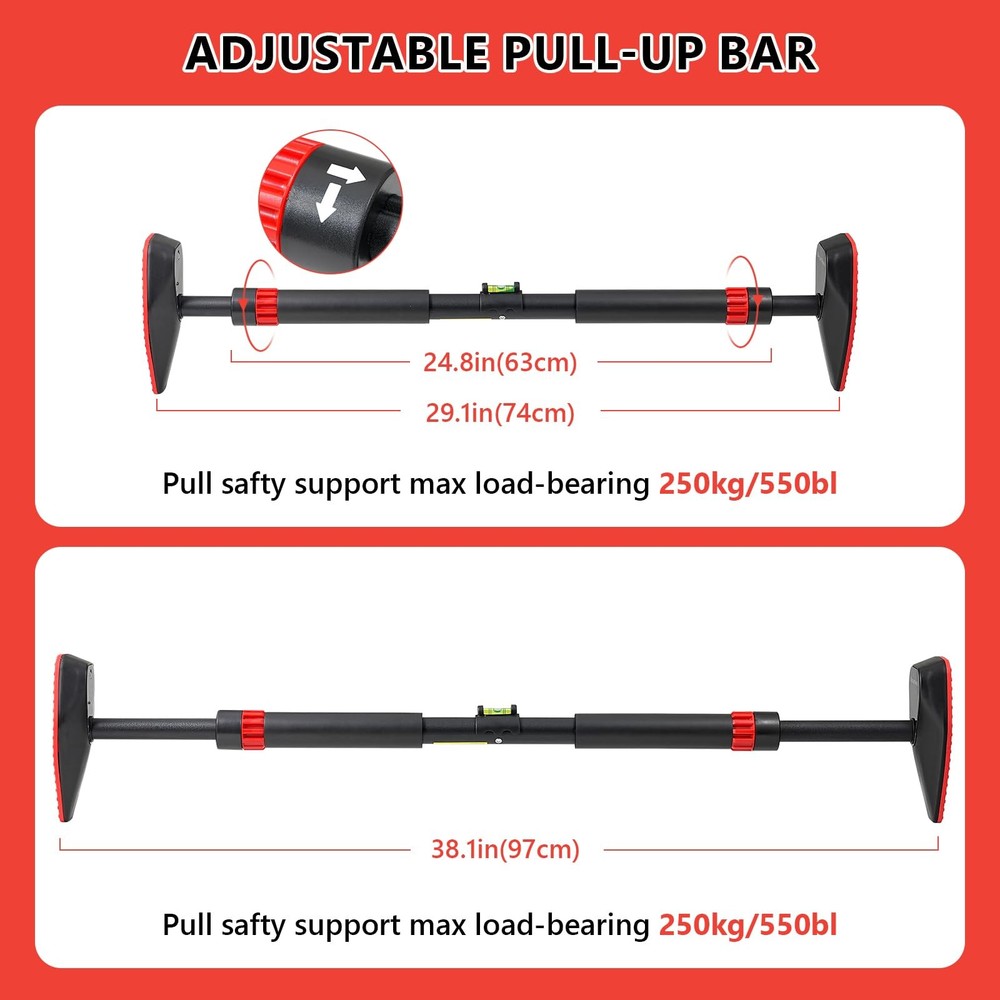 Adjustable Doorway Pull Up Bar, Chin Up Bar with Smart Count Timer, 29''-38''