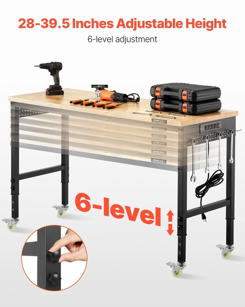 60in Modular Workbench 2000lb Capacity Adjustable Height Oak Top Power Outlets