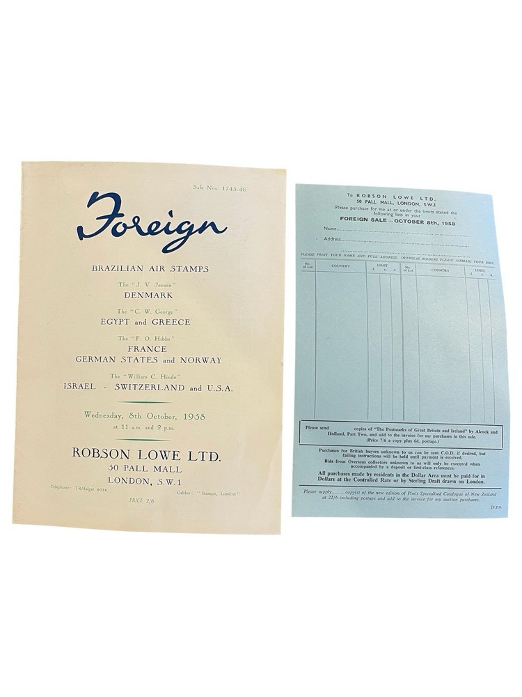 1958 Robson Lowe Foreign Auction Catalogue + Bid Form - Oct 8th Sale