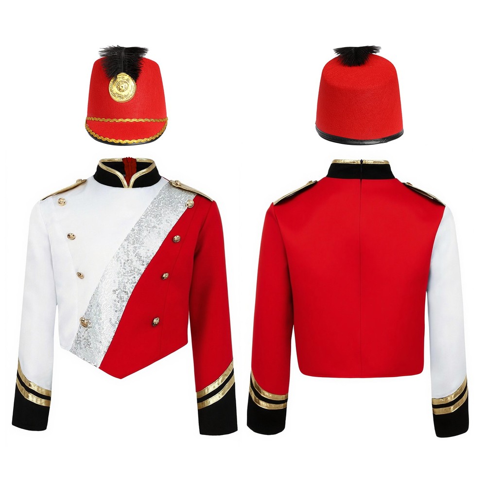 Kids Boys Costume Patchwork Tops Sequins Uniform Epaulets Stand Collar Shoulder