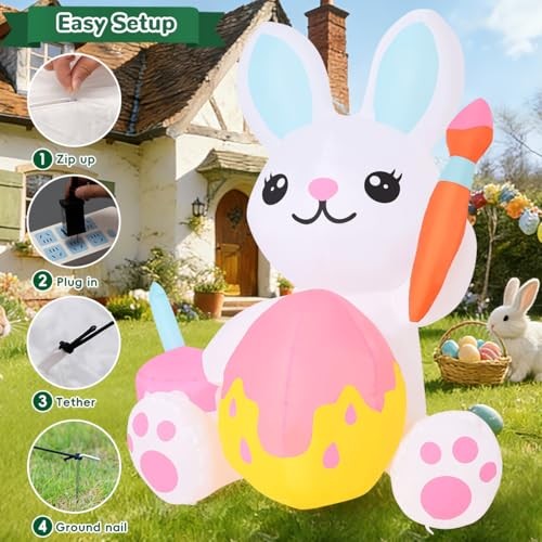 5 FT Easter Inflatables Bunny Outdoor Decorations Cute Bunny Draw Easter Eggs
