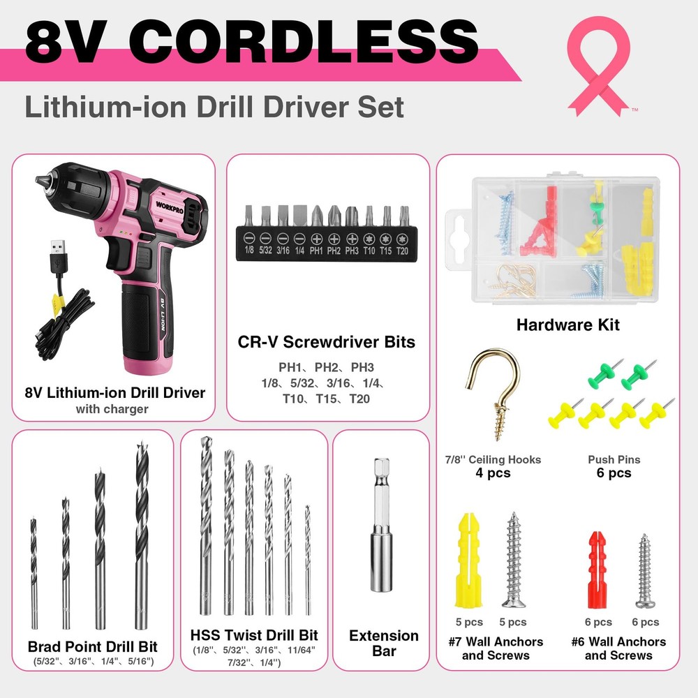 WORKPRO Pink Cordless Drill Set, 8V Impact Driver with 53PCS,