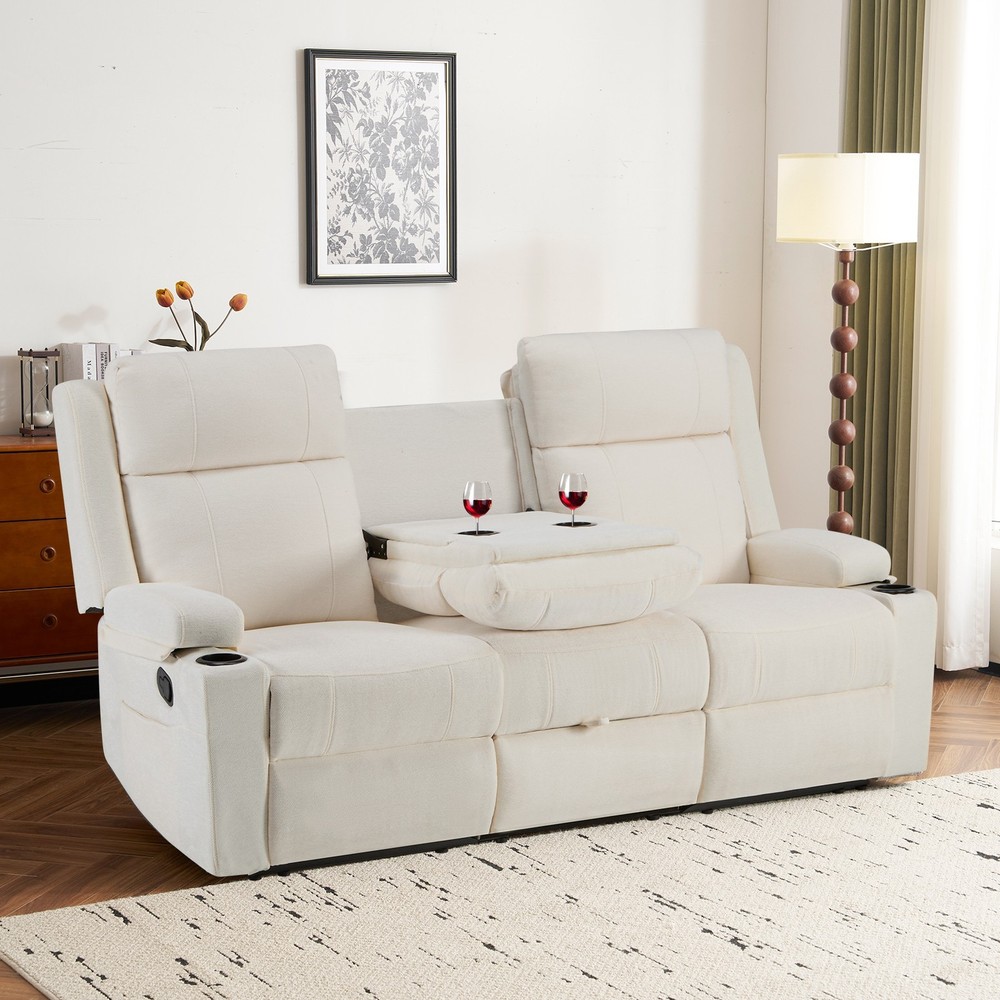 Chenille Reclining Sofa 3-Seater with Convertible Table, Storage Ottoman