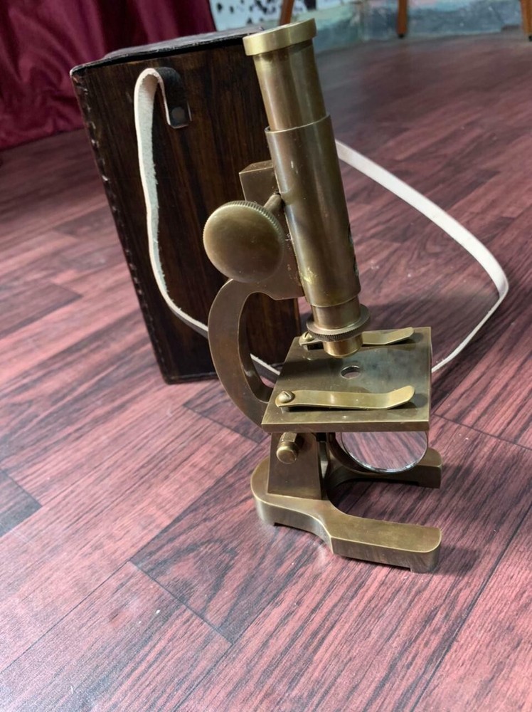 Antique Brass Microscope Student Microscope 7" Monocular Type With Leather Cover