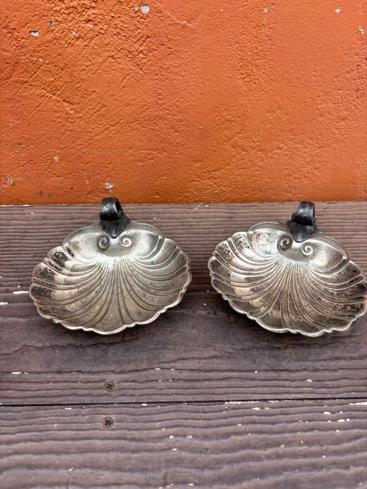 Lot 2 Vtg Crescent Silver Co Plated Clam Shell Serving Dish Trinket Tray Footed