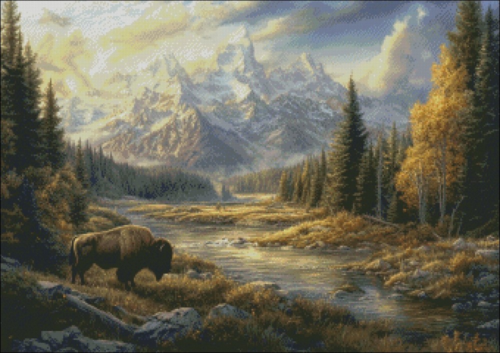 Bison at the Teton Range 3 Chart Counted Cross Stitch Patterns Needlework DIY