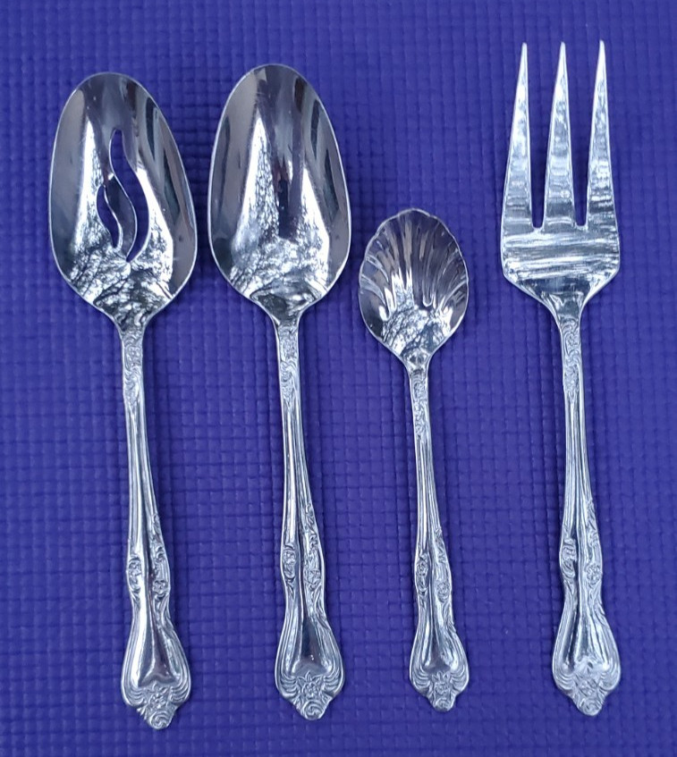 4-Oneida AZALEA Stainless SERVING PIECES PIERCED & SOLID SPOONS MEAT FORK SUGAR