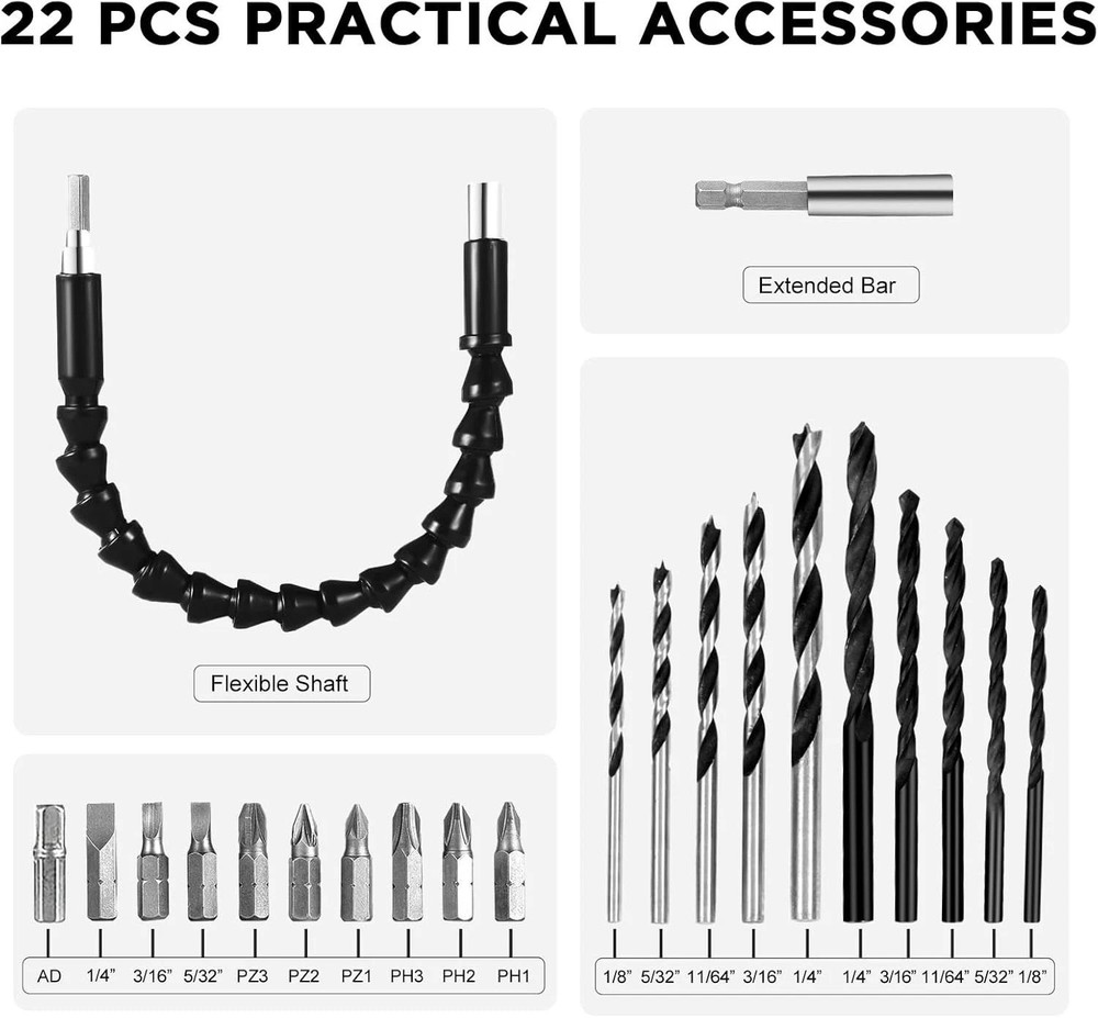 Lightweight 20V Cordless Drill Set with 22 Accessories for DIY Projects