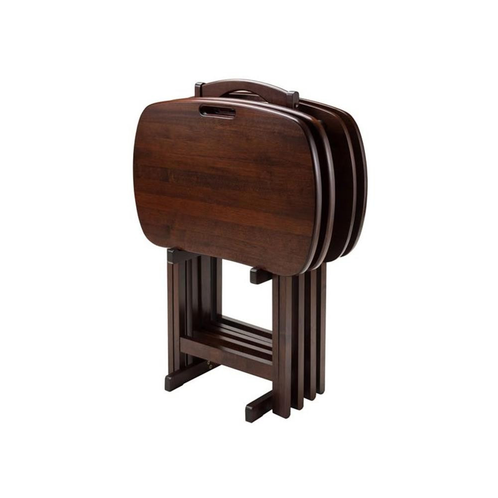 Pemberly Row 5-Piece Transitional Solid Wood Snack Table Set in Walnut