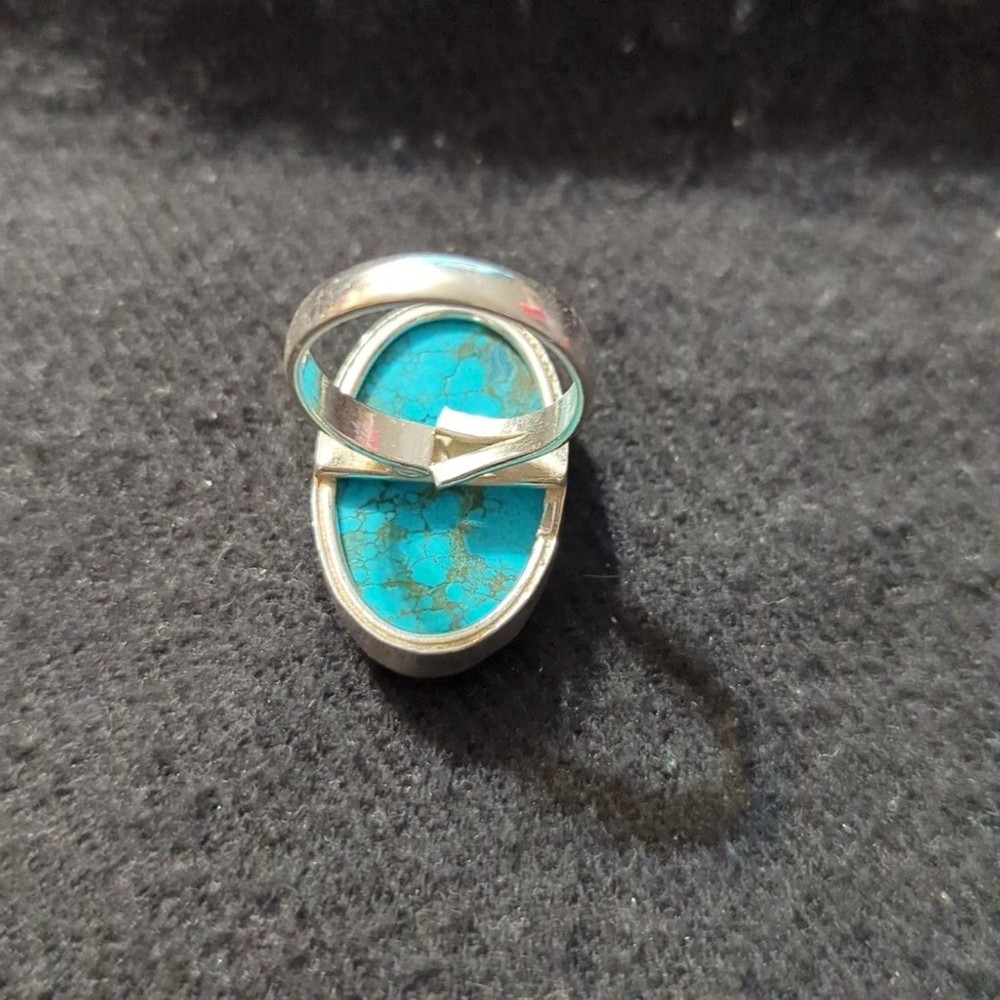 Silver Plated Blue Chocolate Turquoise Gemstone Oval Statement Ring - Size 8-10