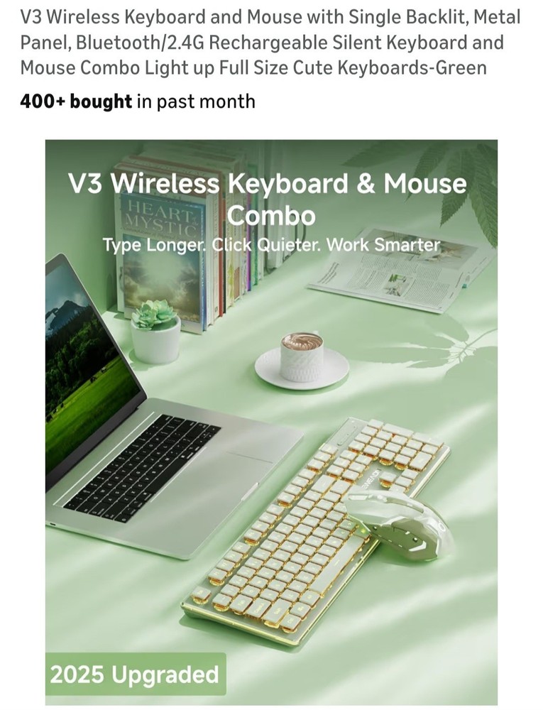 V3 Wireless Keyboard and Mouse with Single Backlit, Metal Panel, Bluetooth Green