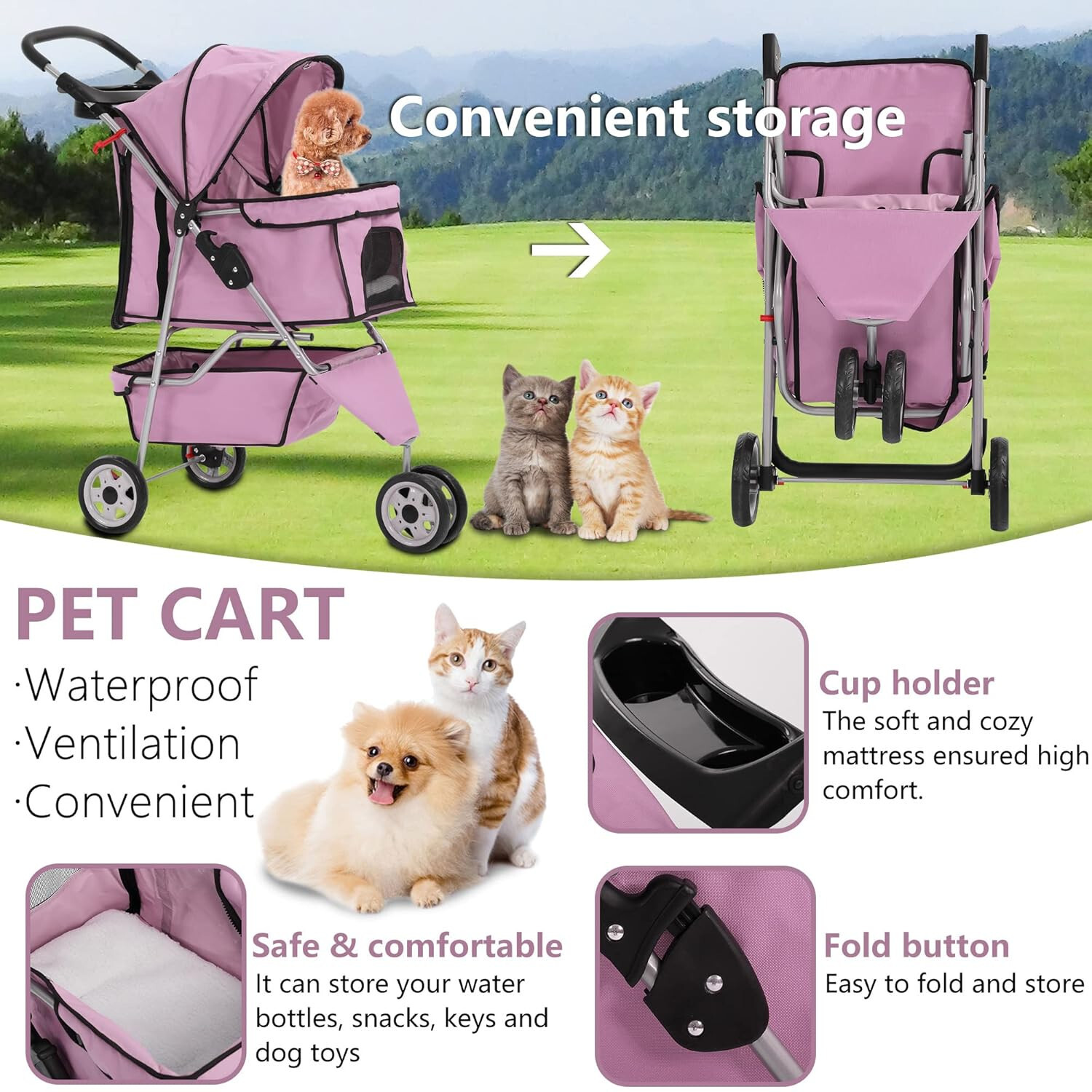 New Pink Pet Stroller Cat Dog Cage 3 Wheels Stroller Travel Folding Carrier