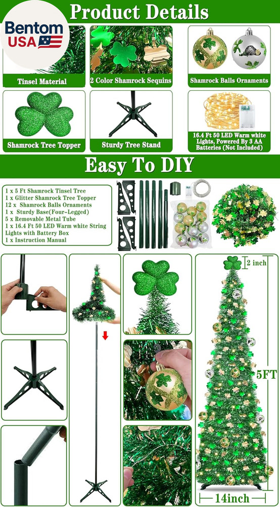 Timer & Shamrock - St Patricks Day Decorations, 5Ft Lighted St Patricks Day Tree
