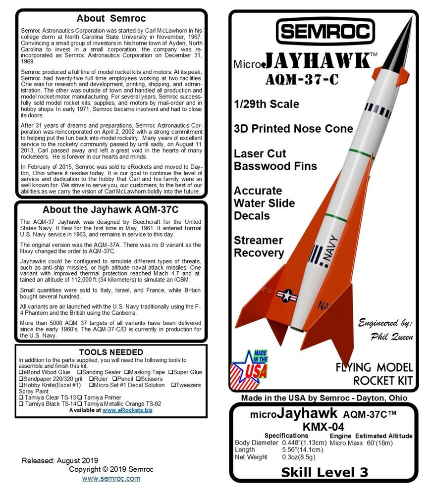 Semroc Flying Model Rocket Kit Micro(MX) Jayhawk™ KMX-04