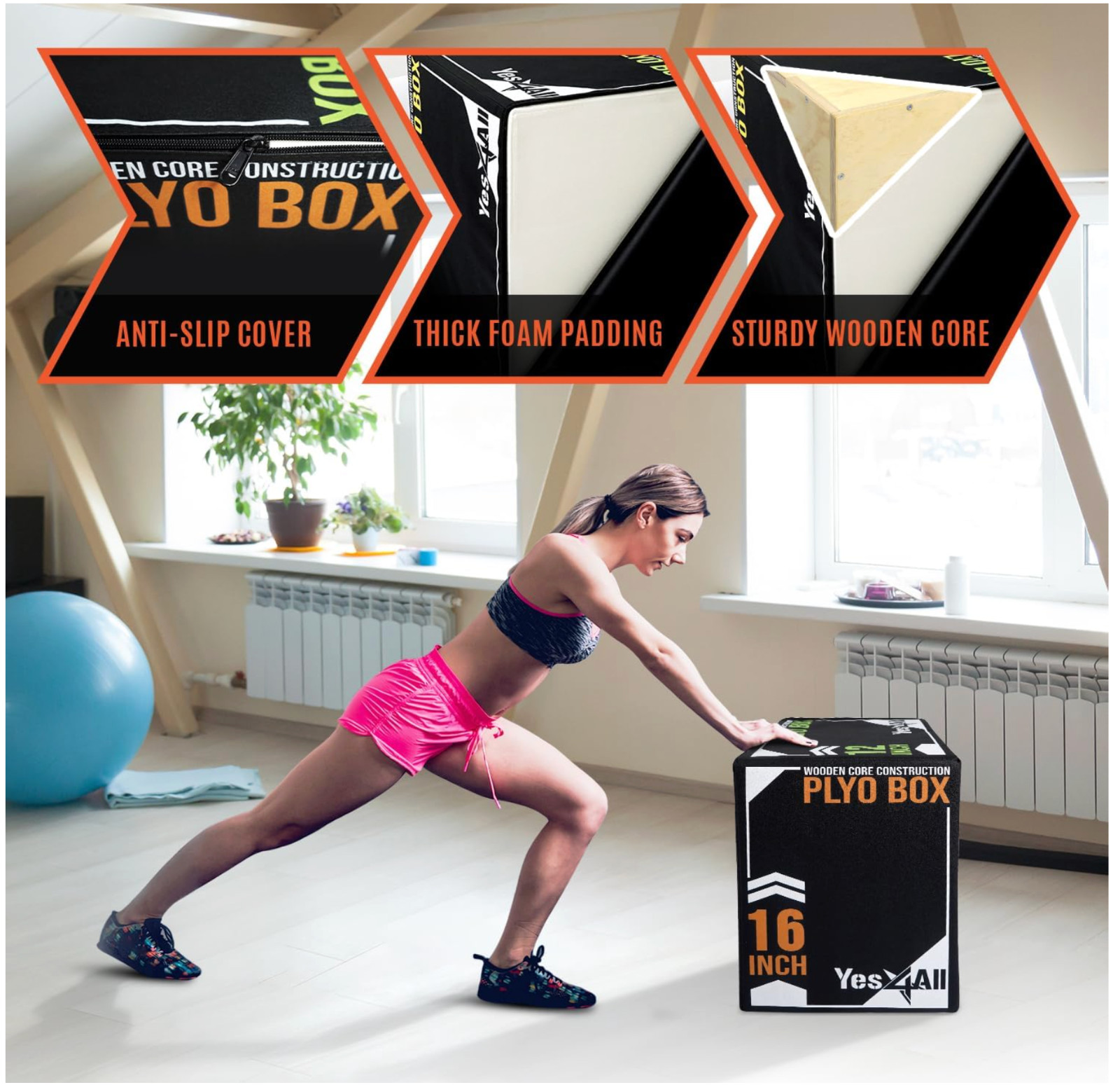 Yes4All 3-in-1 Soft Plyo Box 16" x 14" x 12" Wooden Core Cushioned Box Multi-Use