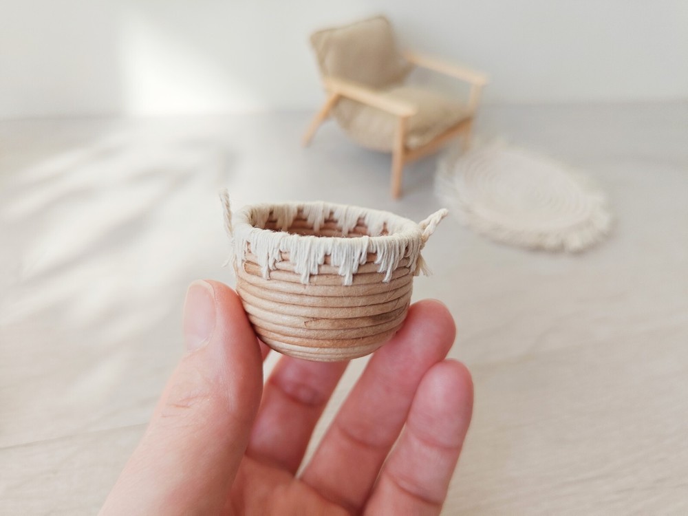 1:12 dollhouse miniature boho basket. handmade