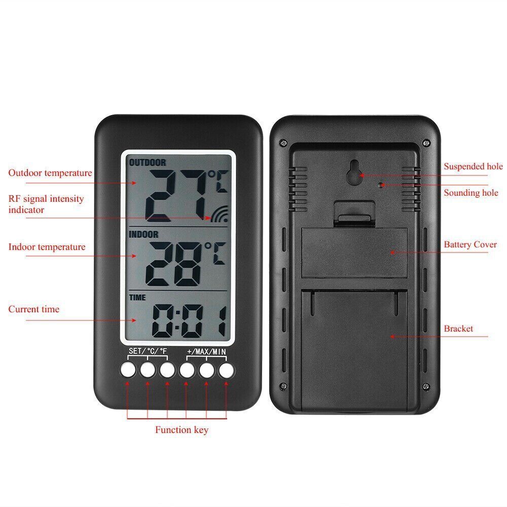 Digital Thermometer Clock Temperature Indoor/Outdoor Wireless Transmitter Meter