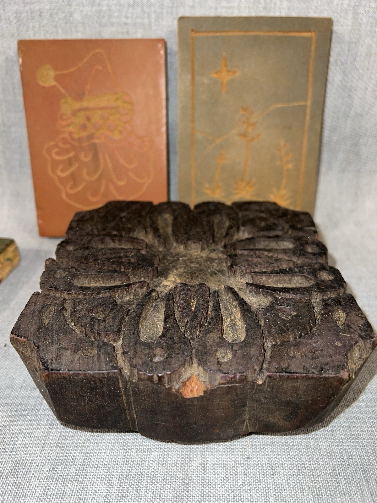 VTG 4 Hand Carved Wood Printing Block Stamp Leaf Floral Santa Abstract Pattern