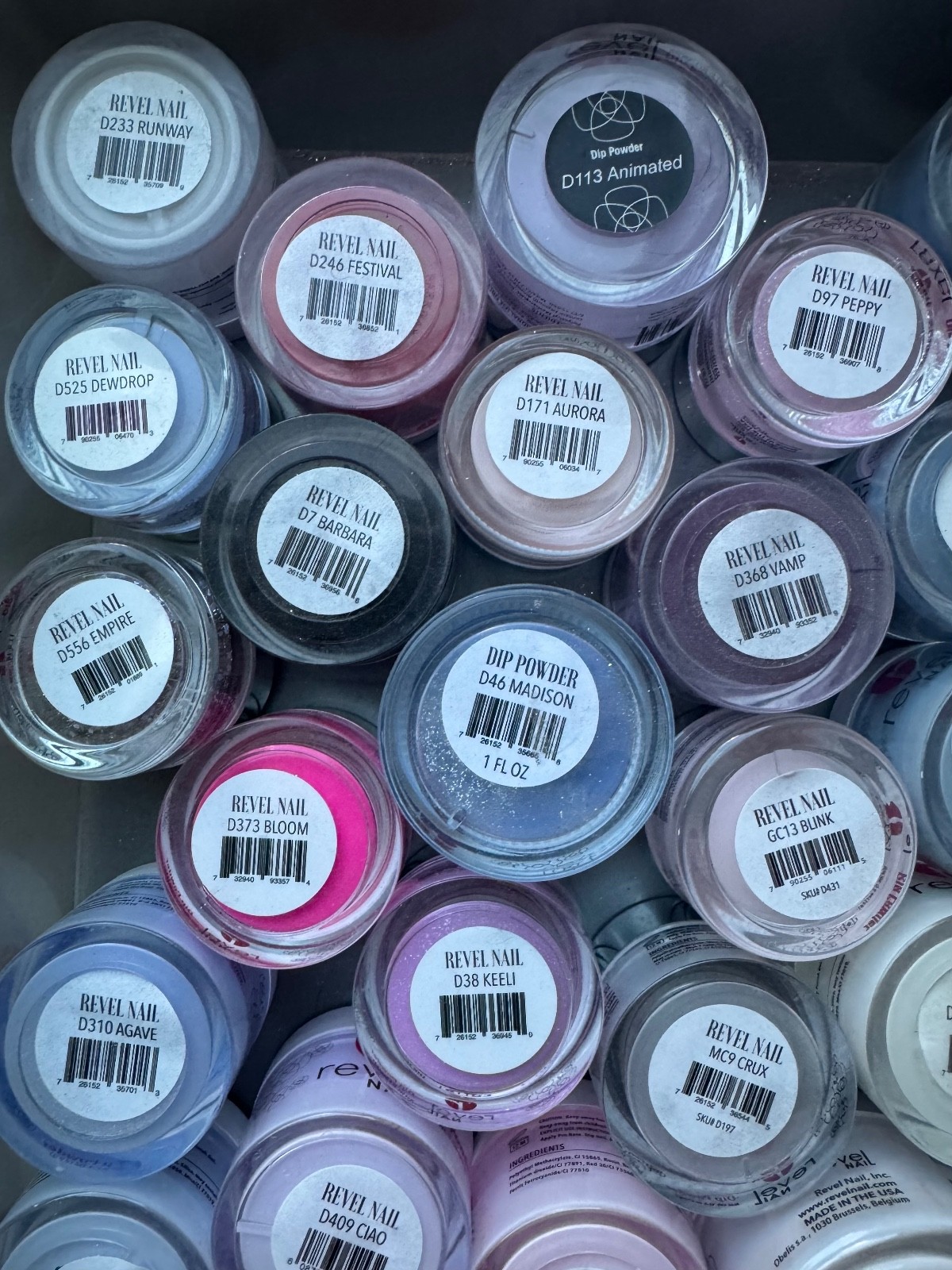 Revel Nail Dip Powders Over 70 .5 Assorted Jars Mostly Full.