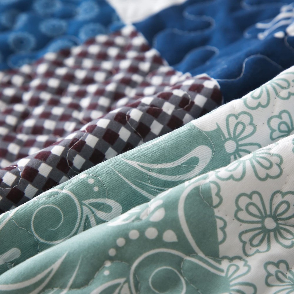 Dinjoy Reversible Patchwork Quilt Bedding Set Queen Size Blue Queen,