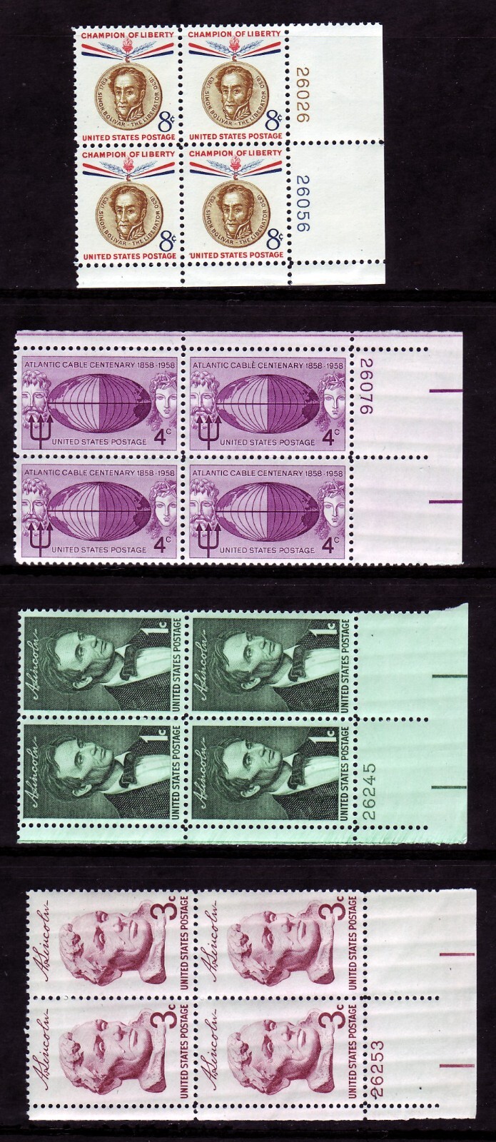1958 COMMEMORATIVE PLATE BLOCK YEAR SET. (21) DIFFERENT. SCV $21.25