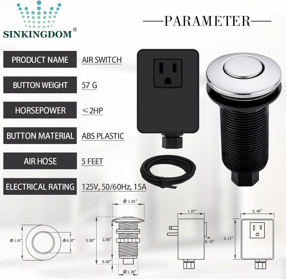 Garbage Disposal Air Switch Kit with Long Button, Chrome (Brass Cover)