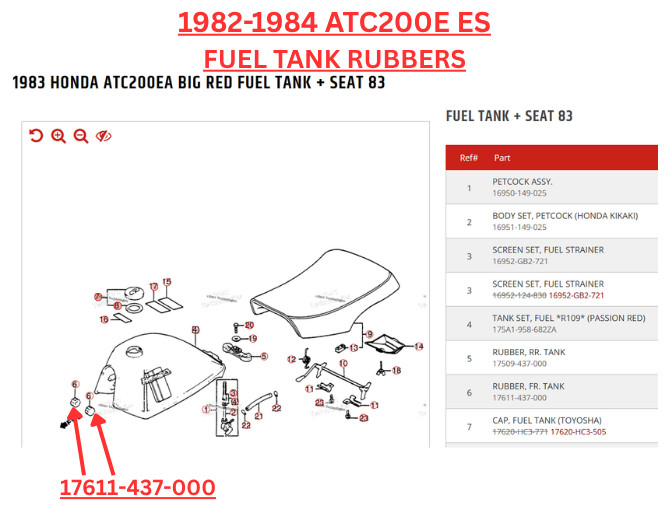 Honda Fuel Tank Front Grommets Cushion ATC200ES,ATC250ES BIG RED 17611-437-000