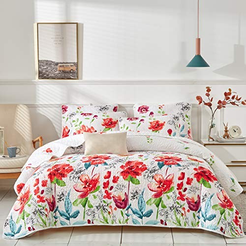 3 Piece Queen Reversible Floral Quilt Set White Red Green Queen (90x90) Flower