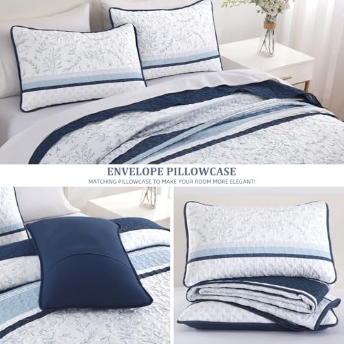 Striped Quilt Set Size Boho Striped Patchwork Leaves Printed Queen Navy Blue