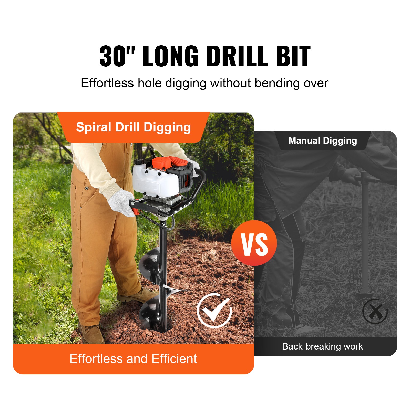 VEVOR Post Hole Digger 52cc Gas Powered Earth Digger 2 Auger Drill Bit 6" & 10"