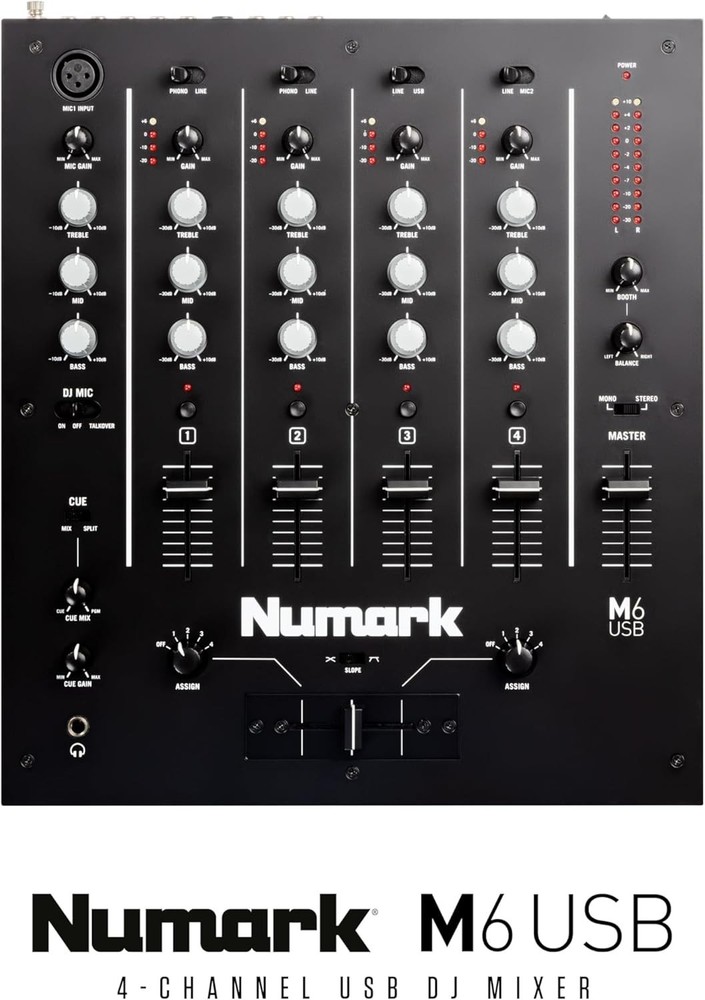 4-Channel USB DJ Mixer with Built-In Interface & Microphone Input – Silverblack