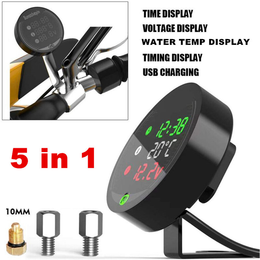 Motorcycle Gauge Digital Water Temperature Voltmeter Time Display Fast Charging