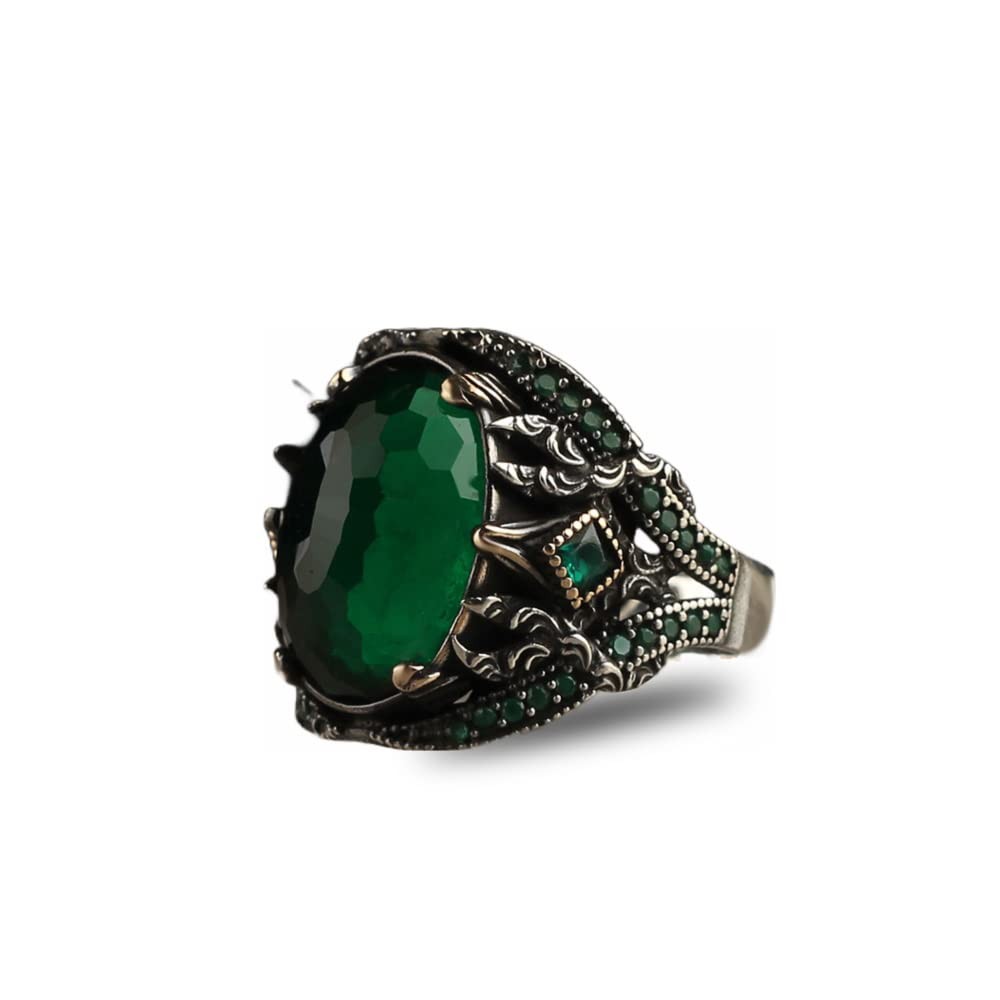 Emerald Stone Men Silver Ring, 925 Sterling Silver Emerald Gemstone Ring,