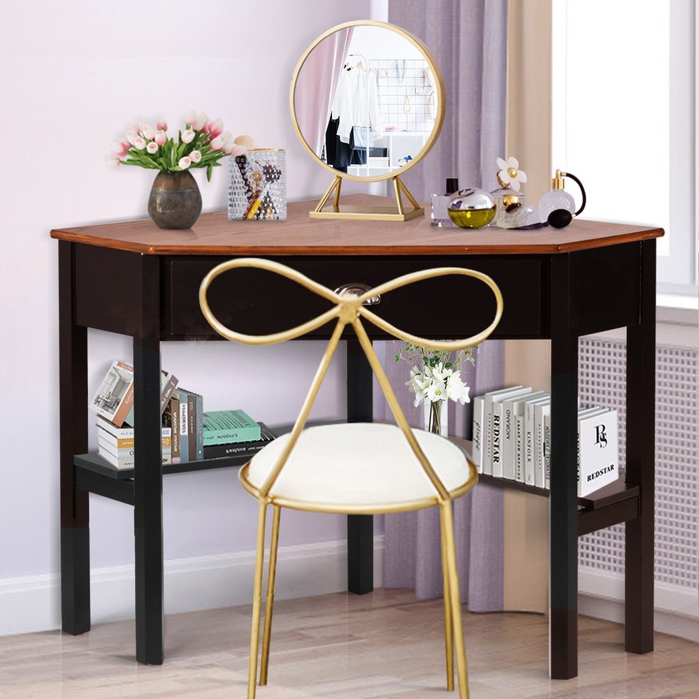 Corner Computer Desk Laptop Study Table Workstation W/ Drawer & Shelves Brown