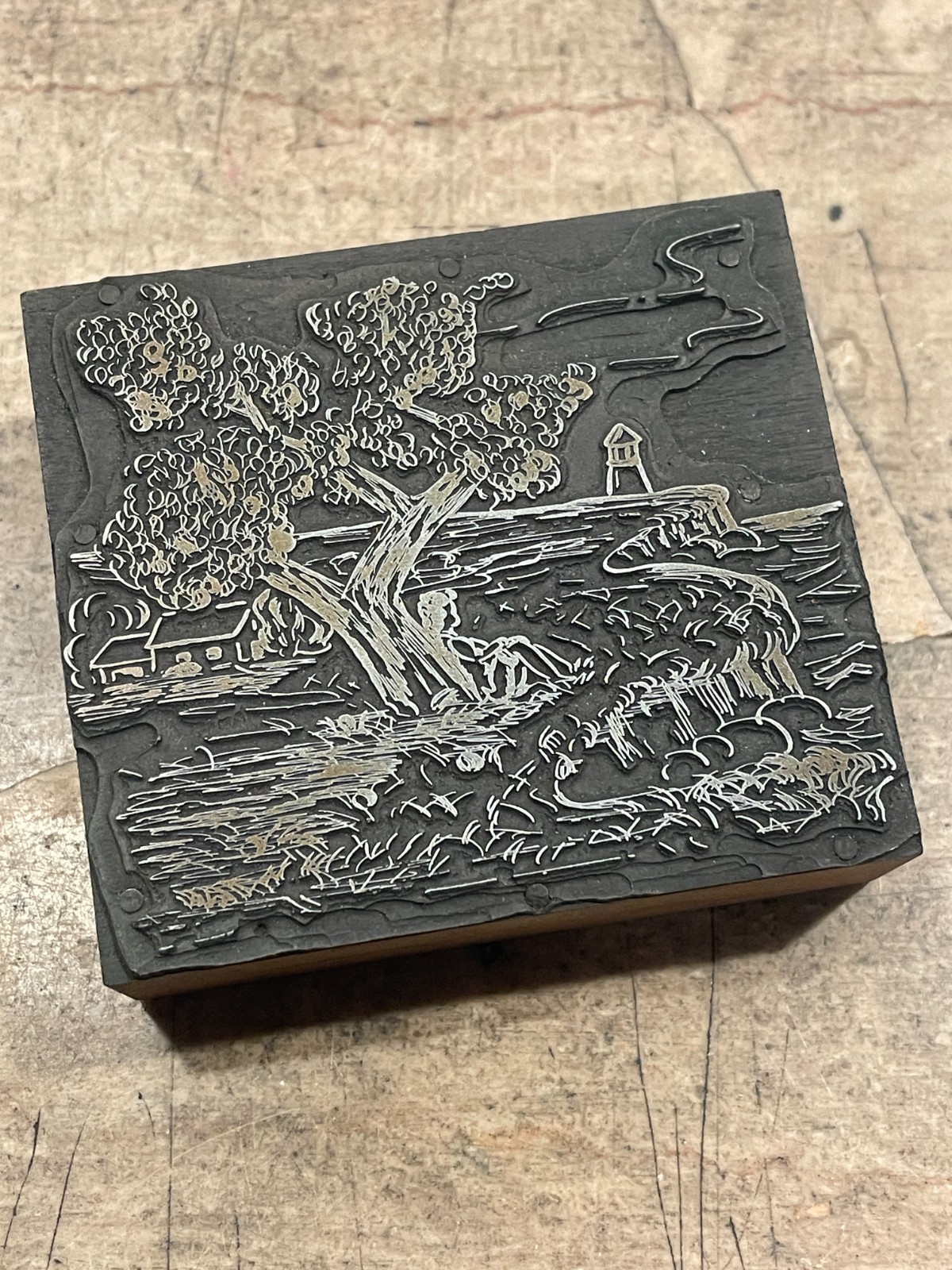 Printing Letterpress Printers Block Coastal Scene Tree Lighthouse Home (1583)