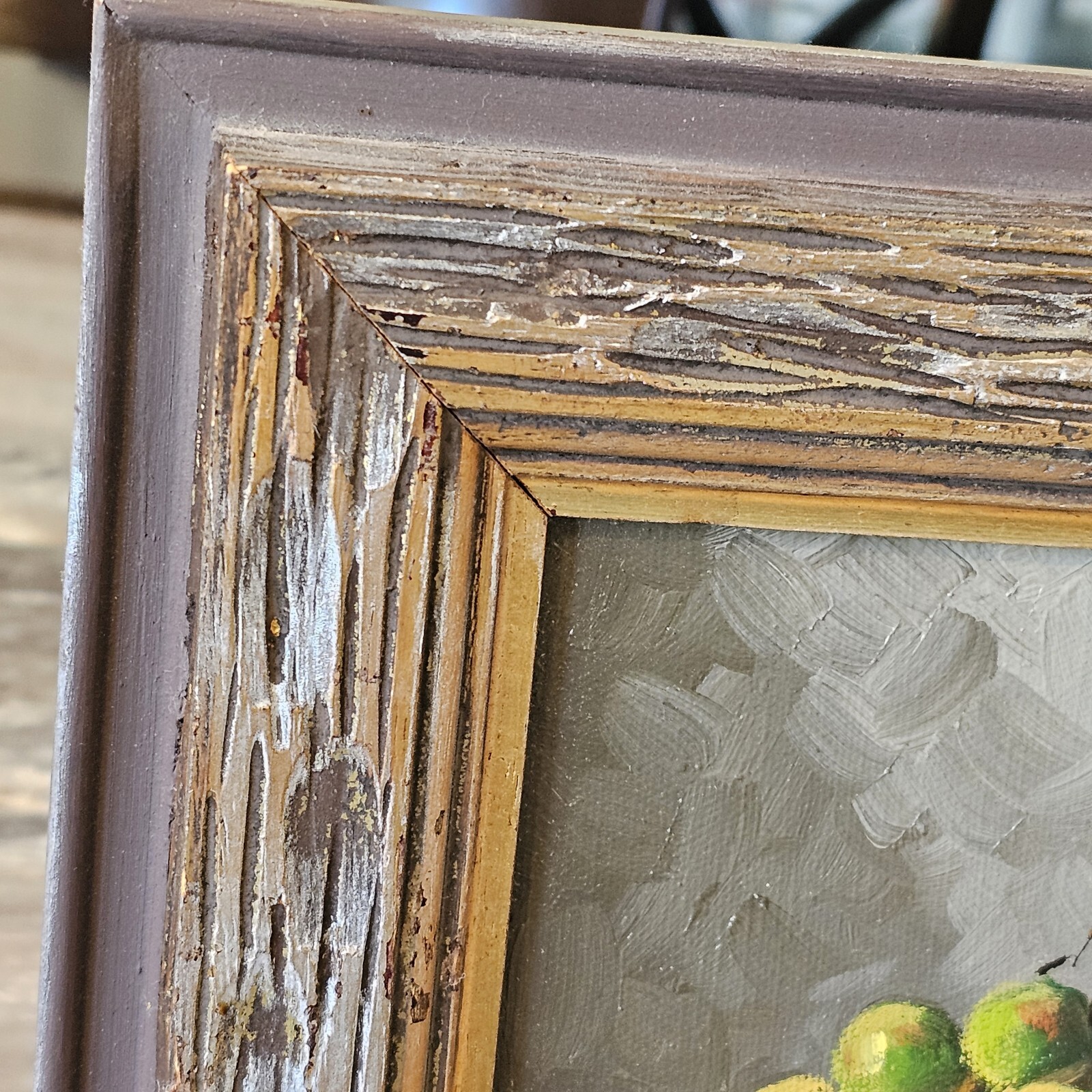 Vintage Still Life Fruit Bowl Oil Painting Apple Canvas Wood Frame Midcentury