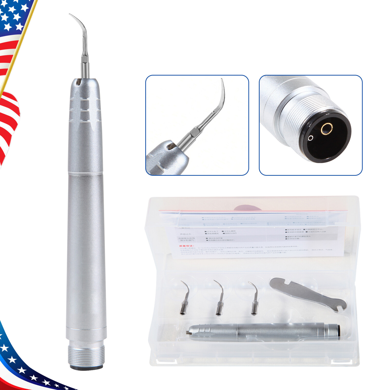 USA Dental Ultrasonic Air Perio Scaler Handpiece Hygienist 2/4-Holes With 3 Tips
