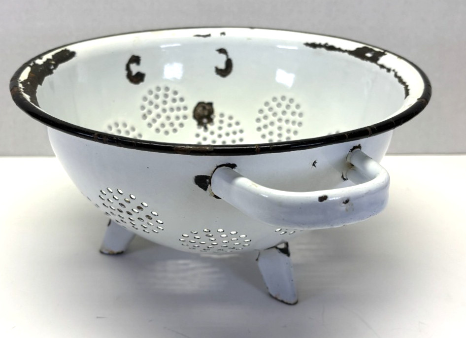 Vintage Footed White Enamelware Colander