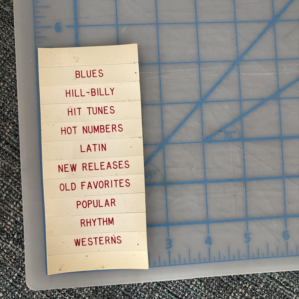 Vtg Rock-ola Jukebox Plastic Record Classification Labels