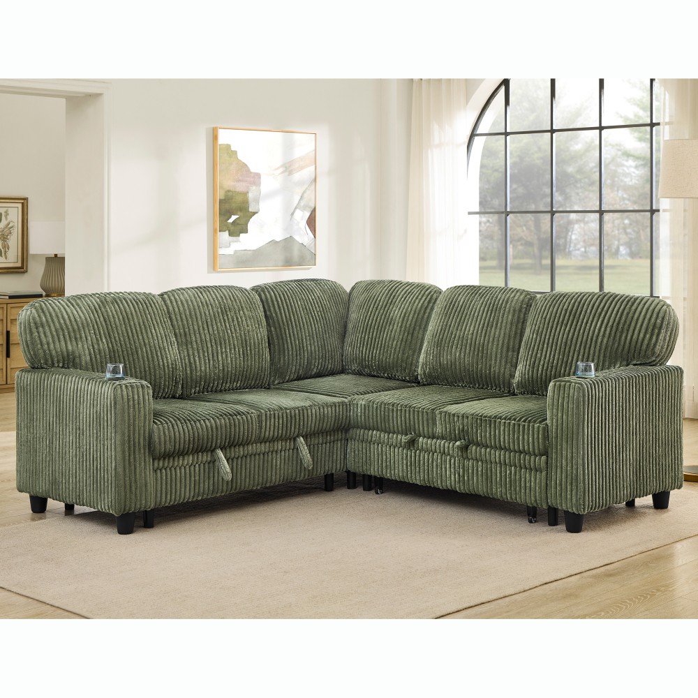 L-Shaped Sofa Bed w/ Pull-Out Sleeper & USB/Type-C, Corduroy, Olive Green