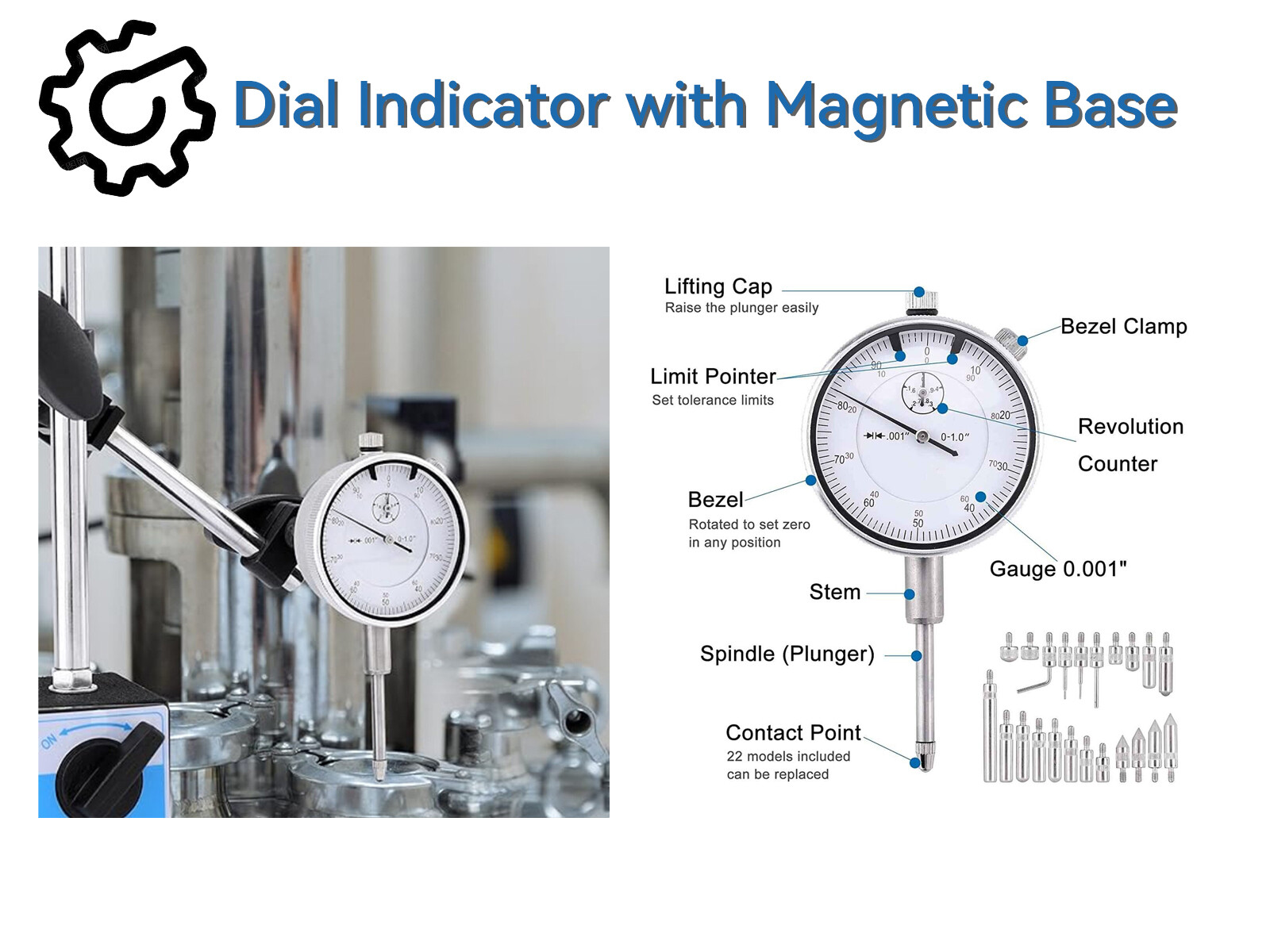 Dial Indicator with Magnetic Base 0-1.0" & Point Dial Test Indicator 0.001" Set