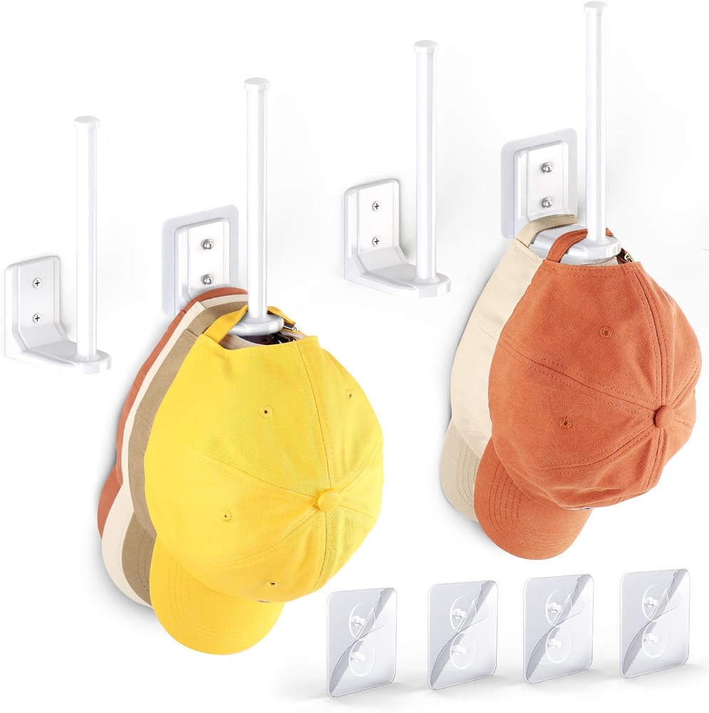 4 Pack Hat Organizer, Adhesive/Drilling Hat Rack for Wall, Hat Storage for Ba...