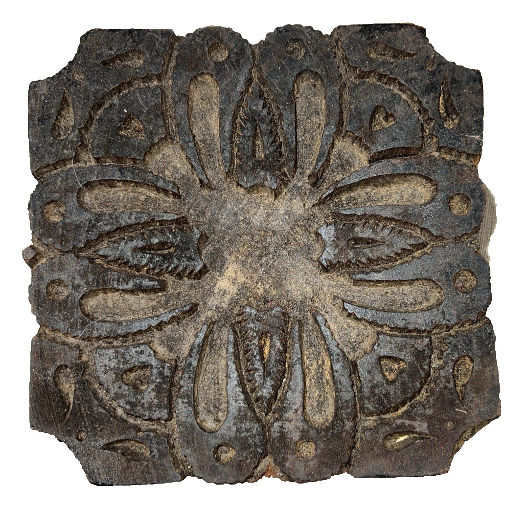 VTG 4 Hand Carved Wood Printing Block Stamp Leaf Floral Santa Abstract Pattern